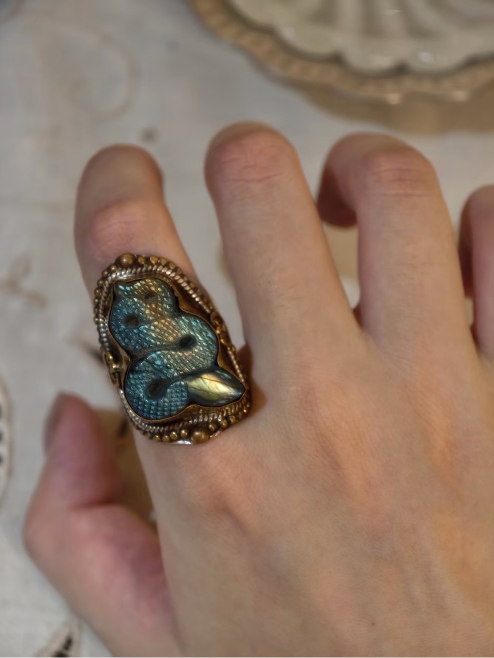 Natural Labradorite Snake Ring – Hand-Carved, Presale, Nepal - Picture 3 of 4